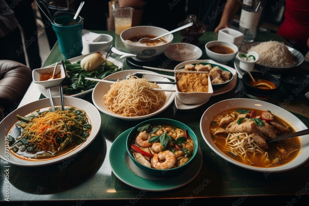Table of Thai restaurant foods featuring green dishes, Pad See Ew noodles, and Tom Yum Goong soup. Generative AI - obrazy, fototapety, plakaty 