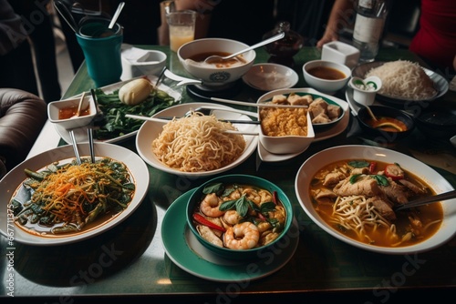 Table of Thai restaurant foods featuring green dishes, Pad See Ew noodles, and Tom Yum Goong soup. Generative AI photo