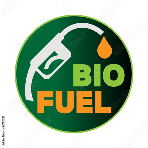 Biofuel, icon button, with symbol of fuel pump nozzle, drop and text