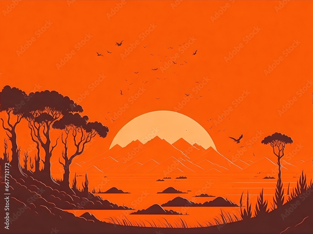 Sunset landscape. Cartoon minimalism style. AI generated illustration Sunset landscape. Cartoon minimalism style. AI generated illustration