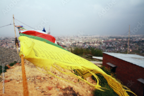 Tibetan prayer flags in the wind over Kathmandu, Nepal
