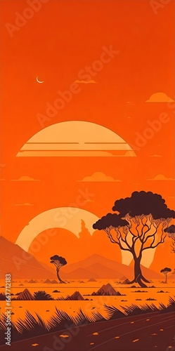 Sunset landscape. Cartoon minimalism style. AI generated illustration