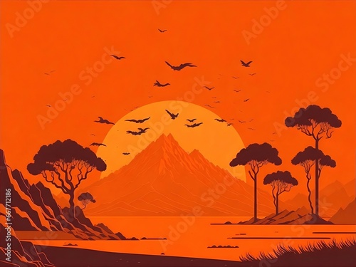 Sunset landscape. Cartoon minimalism style. AI generated illustration