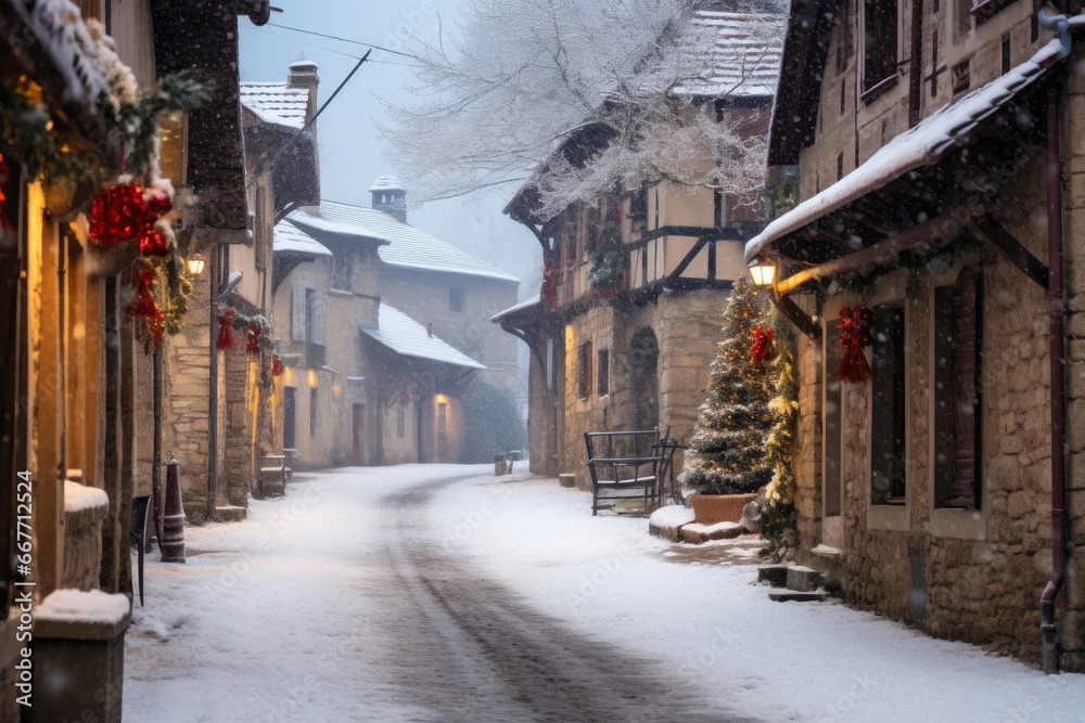 Cozy Village Lane Under a Blanket of Snow