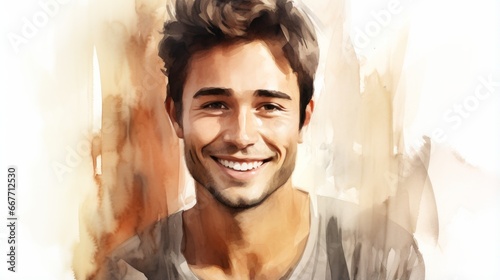 Smiling Adult Latino Man with Brown Straight Hair Watercolor Illustration. Portrait of Casual Person on white background with copy space. Photorealistic Ai Generated Horizontal Illustration.