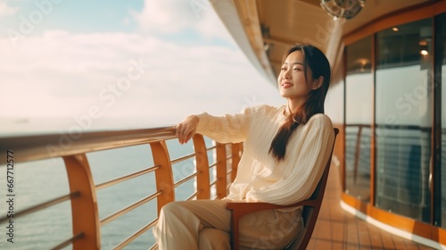 Beautiful Asian woman posing on a yacht © maretaarining