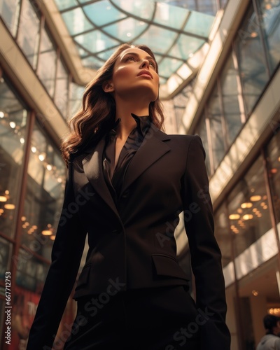 A Professional Woman Poses in Front of Modern Office Building