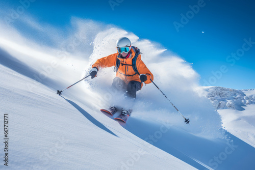 Mountain Majesty: Skier Embracing the Powder