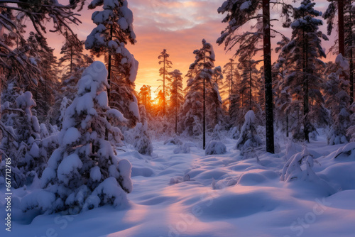 Frozen Silence: Evening in Pine Forest