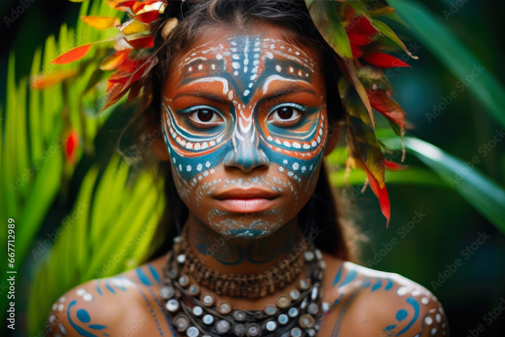 Tropical Elegance: Woman Adorned in Jungle Pigments Tropical Elegance: Woman Adorned in Jungle Pigments