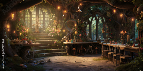 An enchanting fairy dining room with fairy decorations awaits the arrival of fairy creatures. AI digital art photo