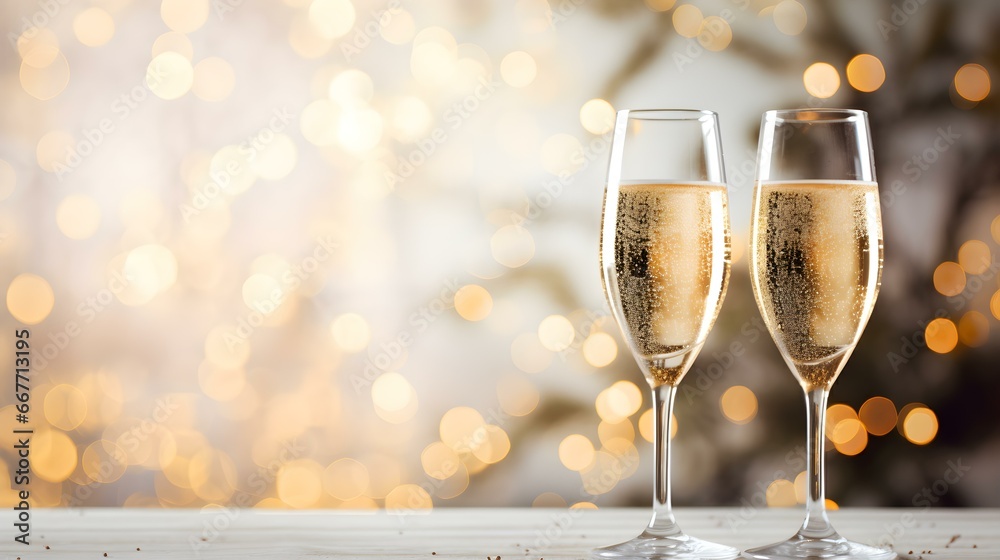Two Champagne Glasses in front of a festive white Background. Template for Holidays and Celebrations Two Champagne Glasses in front of a festive white Background. Template for Holidays and Celebrations
