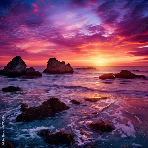 a purple sunset over the pacific ocean , generated by AI. High quality photo © tino