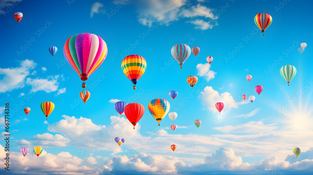 magine a vivid scene dominated by a brightly colored balloons soaring gracefully against a clear azure sky.