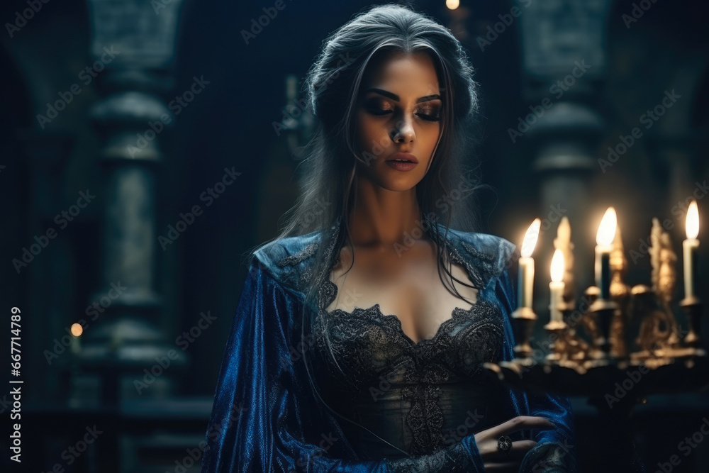 Fototapeta premium Dark Sorceress Conjuring Secrets in Castle