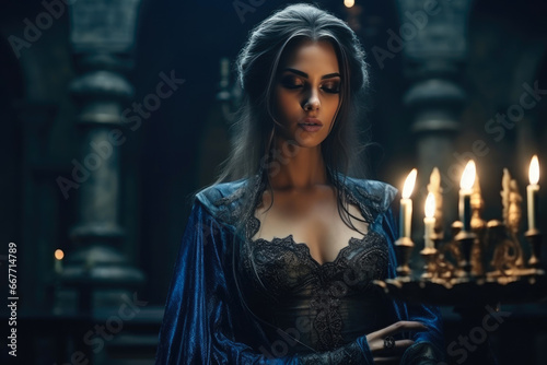 Dark Sorceress Conjuring Secrets in Castle