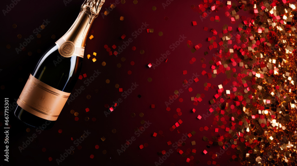 Fototapeta premium top view of a bottle of champagne on a red background with confetti