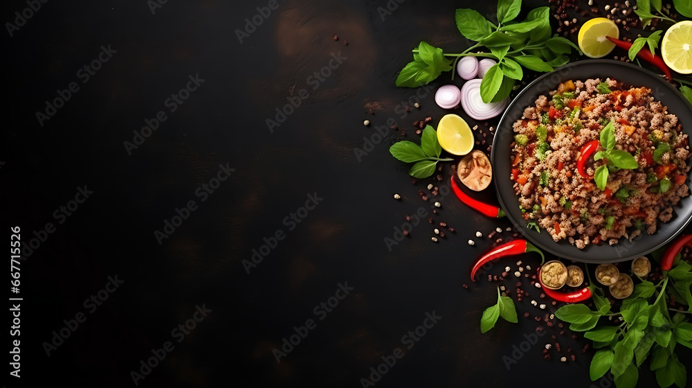Larb thai dish on dark background