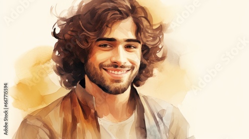 Smiling Adult Persian Man with Brown Curly Hair Watercolor Illustration. Portrait of Casual Person on white background with copy space. Photorealistic Ai Generated Horizontal Illustration.