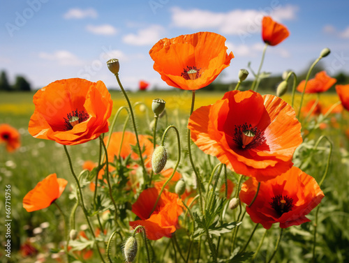 A beautiful cluster of bright red poppies standing tall in a vivid field landscape.