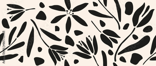 Vector seamless background. Minimalistic abstract floral pattern. Modern black print on a light background. Ideal for textile design, screensavers, covers, cards, invitations and posters.