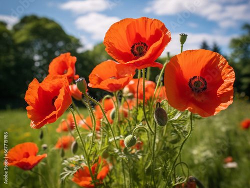 A stunning and lively field of red poppies, resembling a vibrant 52-style artwork.