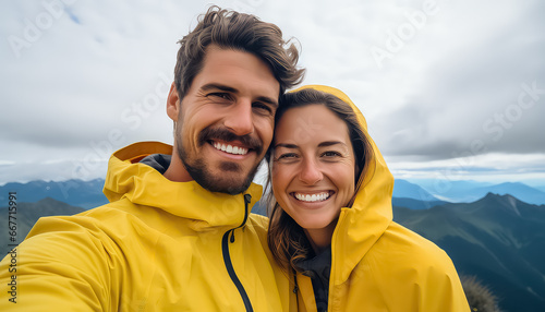 Young couple in yellow jackets taking selfies in the mountains