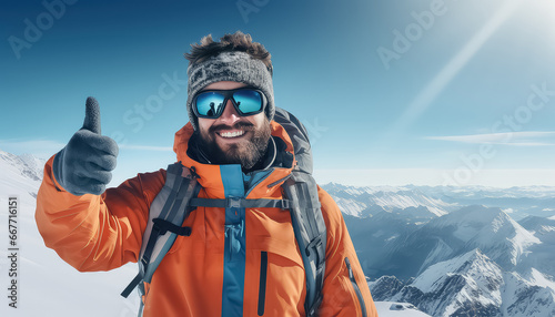 Mountaineer skier shows a thumbs up at the top of a mountain