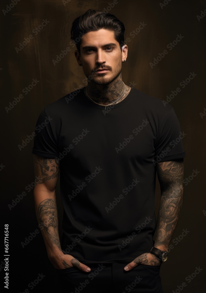 Tattooed Man Posing Against Mysterious Backdrop
