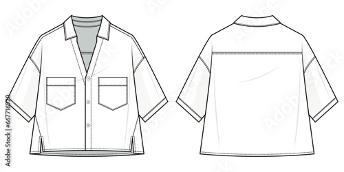 loose fit shirt technical fashion illustration. shirt vector template illustration. front and back view. oversized. drop shoulder. unisex. white color. CAD mockup.