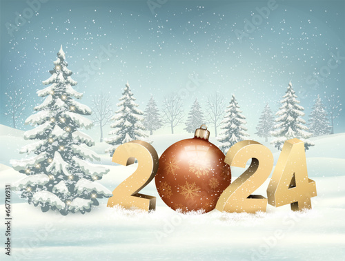 Merry Christmas and New Year Holiday landscape background with a 2024 and a christmas tree ball. Vector.