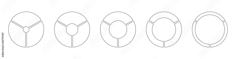 Wheels round divided, three sections. Diagrams infographic set. Circle section graph line art. Pie chart simple icons. Outline donut charts, pies segmented on 3 equal parts. Geometric vector elements. - obrazy, fototapety, plakaty 