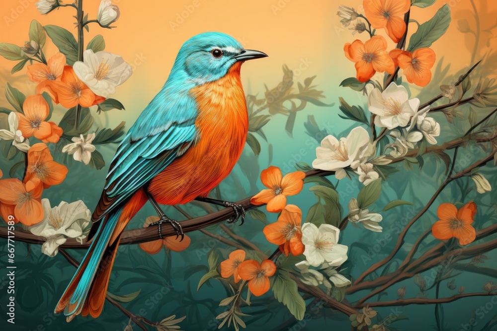 Fototapeta premium Bird Sitting on Branch Surrounded by Colorful Flowers