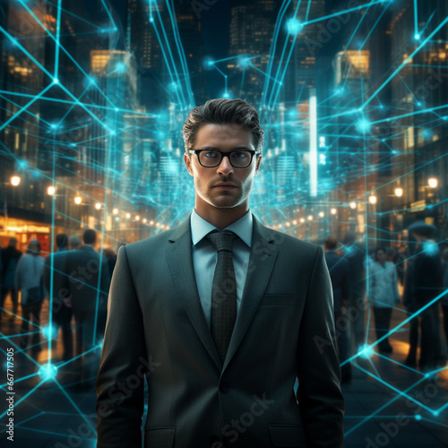 Generative AI,Businessman with network connection over cityscape background. 3D rendering