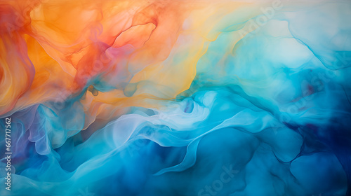 Blue abstract waves, red sunset watercolor backdrop. Soft painted wavy seascape art background. Water waves stained paint, grunge background for banner copy space
