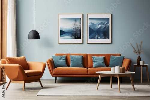 A sofa against the wall with two art posters