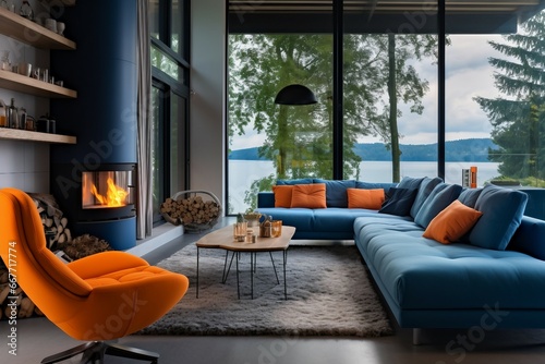 A bright blue chair and a cozy orange sofa