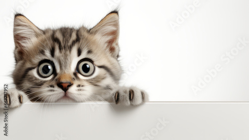 Adorable Kitten Gently Peeks from Blank Signboard © jesica