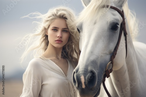 A Woman Posing Gracefully With Her Majestic White Stallion © pham