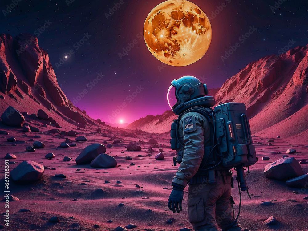 An astronaut on a planet. Perfect for space exploration, science fiction, and celestial concepts.