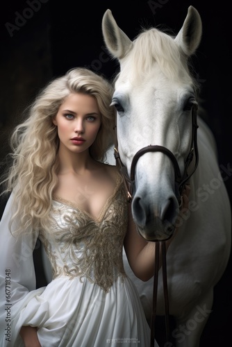 Elegant Woman in a White Dress Posing Gracefully Next to Majestic Horse