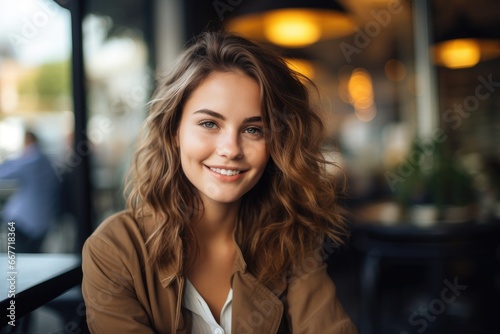 A Happy Woman Enjoying a Relaxing Moment at a Table