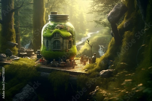 A moss-covered jar on a forest table with a distant house, depicted in a detailed matte painting with a touch of magic realism. Generative AI