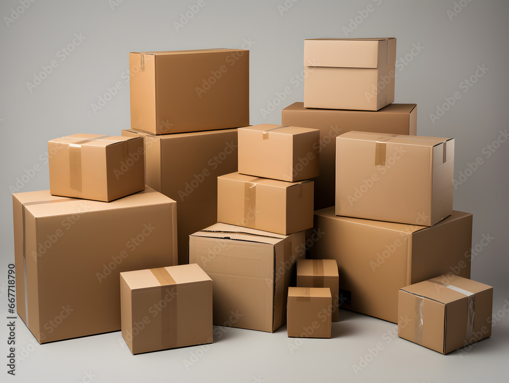 A collection of stacked cardboard boxes in various sizes, ready for shipping, storage, or relocation. Plain background.