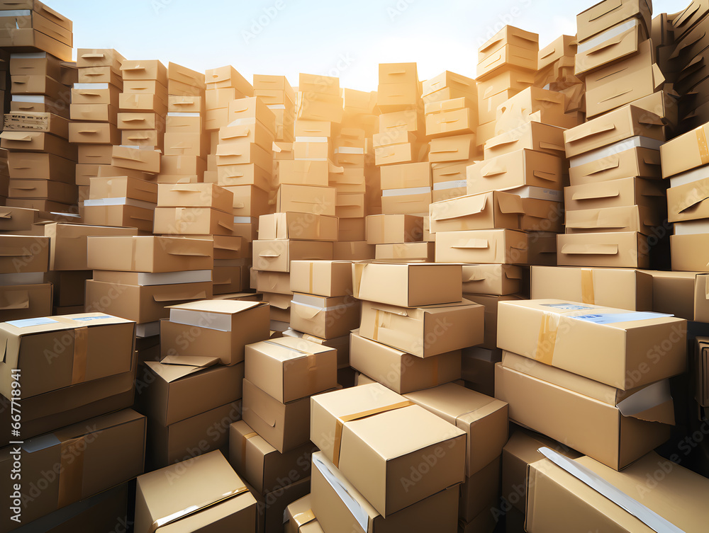 A huge pile of cardboard boxes stacked up high in a warehouse. A huge pile of cardboard boxes stacked up high in a warehouse.