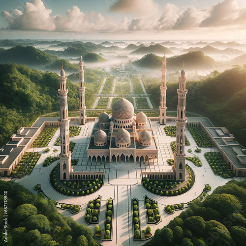  Photo of a grand mosque with expansive courtyards and towering minarets, surrounded by lush green trees that provide a natural canopy