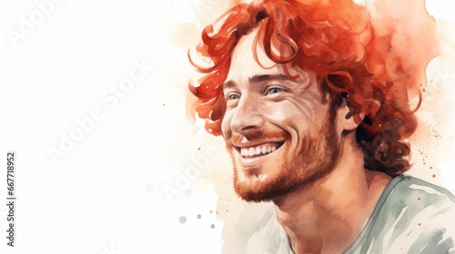 Smiling Adult White Man with Red Curly Hair Watercolor Illustration. Portrait of Casual Person on white background with copy space. Photorealistic Ai Generated Horizontal Illustration.