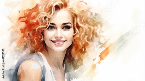 Smiling Adult White Woman with Blond Curly Hair Watercolor Illustration. Portrait of Casual Person on white background with copy space. Photorealistic Ai Generated Horizontal Illustration.