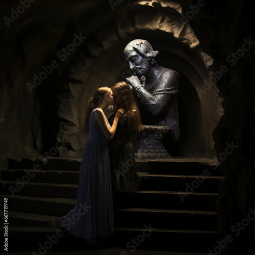 tow girls kissing in a dark cave interior with statue of a woman