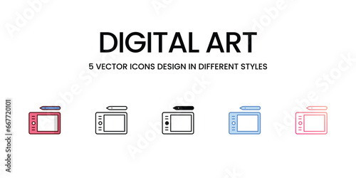 Digital art icons set, colorline, glyph, outline, gradinet line, icon vector stock illustration isolate white background.